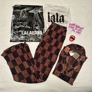 Dressed in Lala Long Sleeve Plissé Set in Mocha + Black Checkerboard
